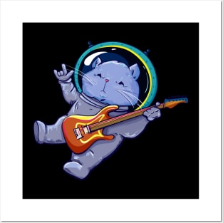 Astronaut Helmet Cat Playing Electric Guitar Space Posters and Art